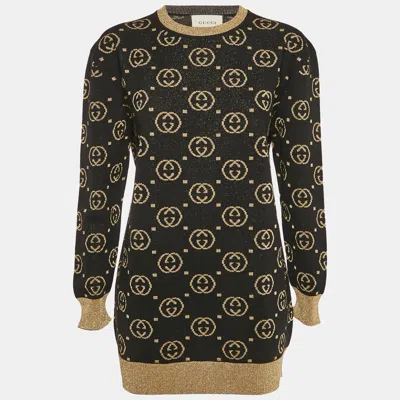 Pre-owned Gucci Black Gg Lamé Wool Knit Crew Neck Sweater M