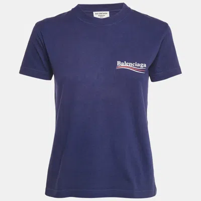 Pre-owned Balenciaga Ink Blue Logo Print Cotton Crew Neck T-shirt M