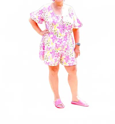 White Birch Half-sleeve Floral Print Woven Romper In Cream In Pink