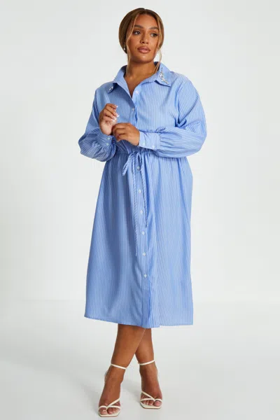 Quiz Women's Plus Size Stripe Tie Waist Collar Detail Midi Dress In Blue