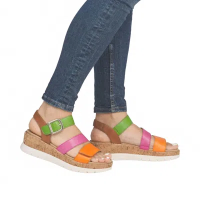 Remonte Gizela Tri-color Leather Wedge Sandal In Orange Pink Green In Multi