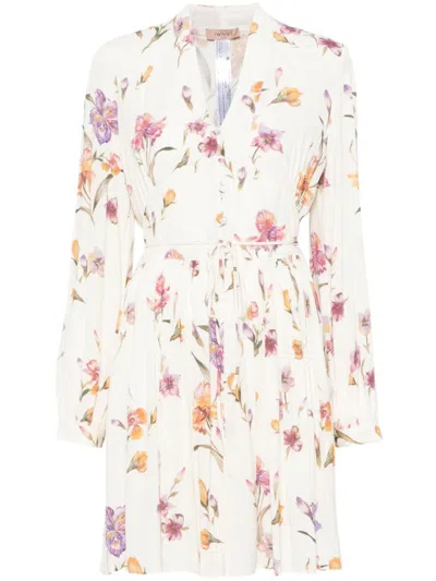 Twinset Twin-set Neutrals Floral Print Mini Dress In Neutral