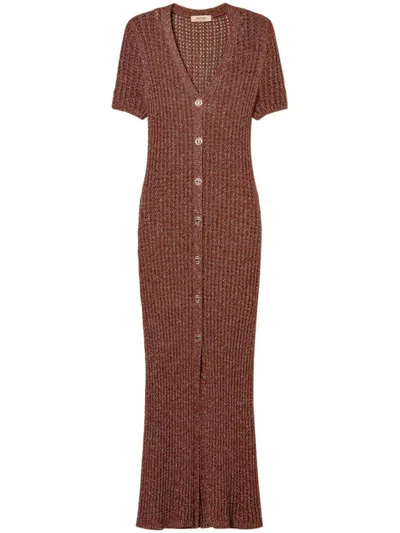 Twinset Twin-set Textured Brown Maxi Dress With V-neck