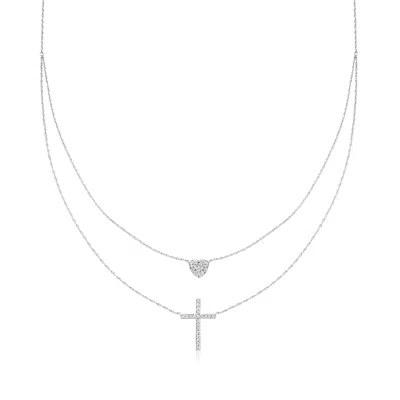 Ross-simons Diamond Heart And Cross Layered Necklace In Sterling Silver In Metallic