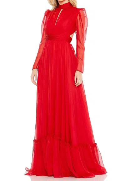 Mac Duggal Chiffon High Neckkeyhole Puff Sleeve Gown In Red In Red