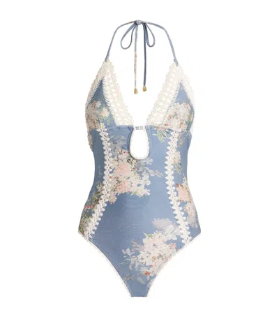 Zimmermann Cascadian Keyhole Crochet One Piece Tea Blue Botanical Floral
