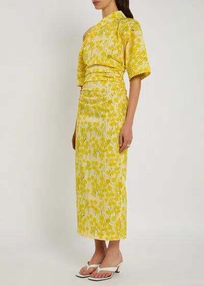 Bernadette Bowery One-shoulder Floral-print Stretch-cotton Midi Dress In Yellow