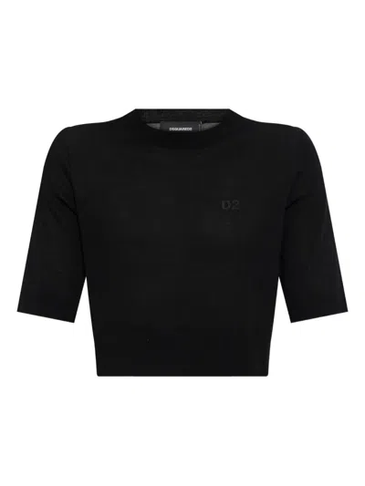 Dsquared2 Logo-embroidered Short-sleeve Knit Top In Black