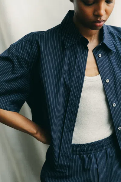 A Days March Mia Short Sleeve Striped Poplin Shirt In Blue