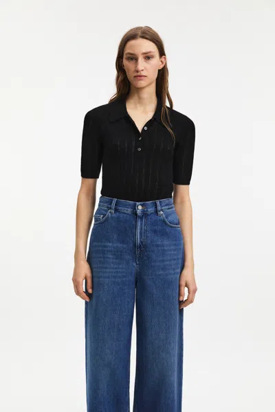 A Days March Dip Pointelle Short Sleeve Merino Polo In Black