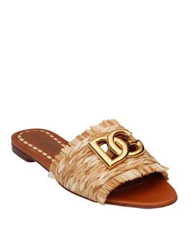 Dolce & Gabbana Raffia Braid Slipper With Fringes In Neutral