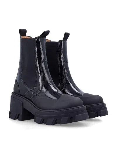 Ganni Patent-leather Platform Chelsea Boots In Black