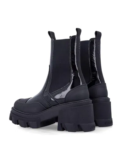 Ganni Patent-leather Platform Chelsea Boots In Black