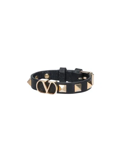 Valentino Garavani Black Textured Leather Bracelet With Gold Studs