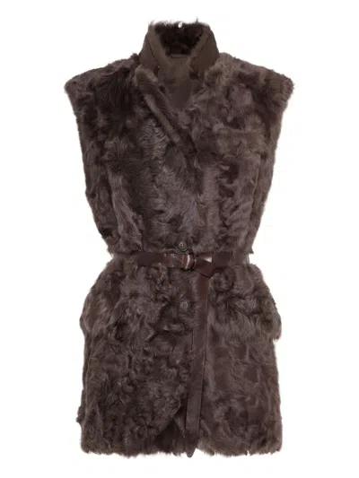 Brunello Cucinelli Shearling Belted Vest In Brown