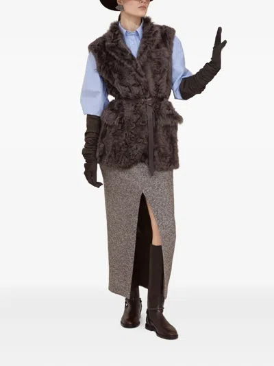 Brunello Cucinelli Shearling Belted Vest In Brown