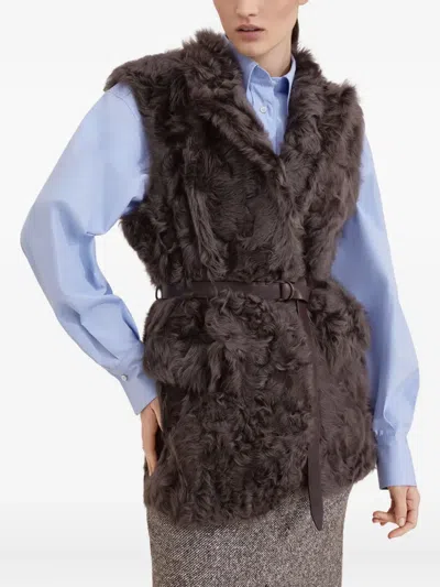 Brunello Cucinelli Shearling Belted Vest In Brown