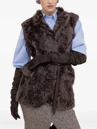 Brunello Cucinelli Shearling Belted Vest In Brown