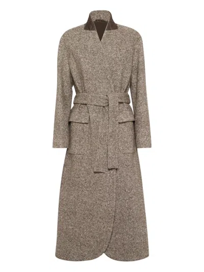 Brunello Cucinelli Coat Wrap Belted Notched Lapel In Gray