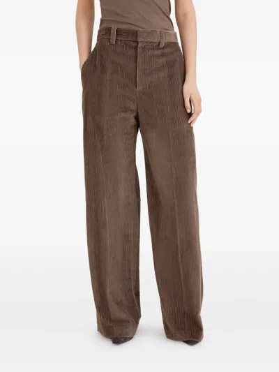 Brunello Cucinelli Women Corduroy Loose Pants With Monili In Brown