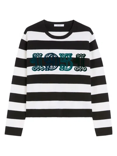 Max Mara Striped Cream Wool Sweater With Embroidered Logo Detail In Black
