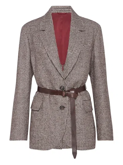 Brunello Cucinelli Houndstooth Belted Blazer In Brown