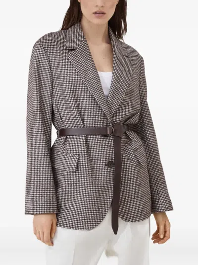 Brunello Cucinelli Houndstooth Belted Blazer In Brown