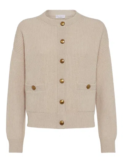 Brunello Cucinelli English Ribbed-knit Button-up Cardigan In Nude