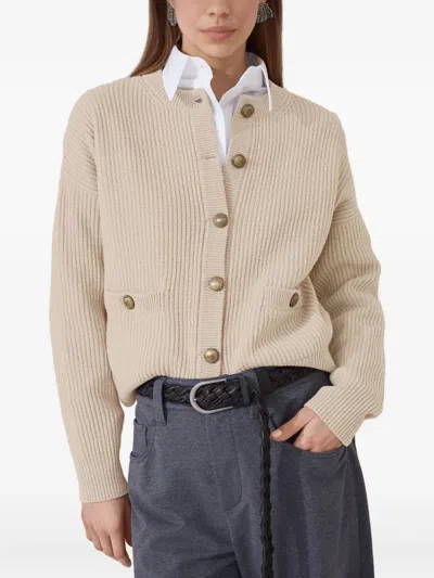 Brunello Cucinelli English Ribbed-knit Button-up Cardigan In Nude