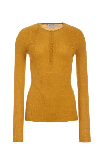 Gabriela Hearst Anges Knit Henley In Golden Birch Cashmere Silk With Hemp In Green