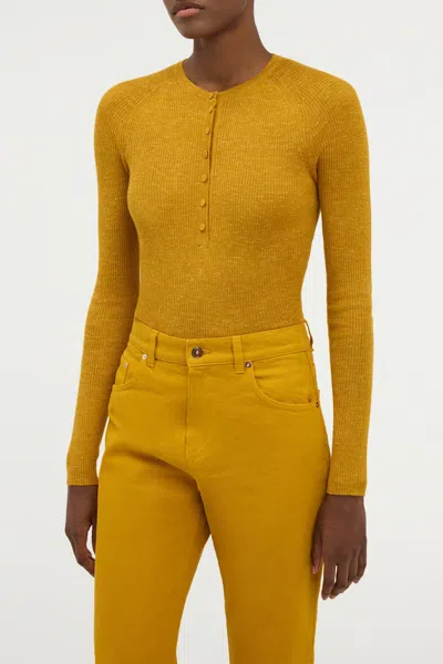 Gabriela Hearst Anges Knit Henley In Golden Birch Cashmere Silk With Hemp In Green