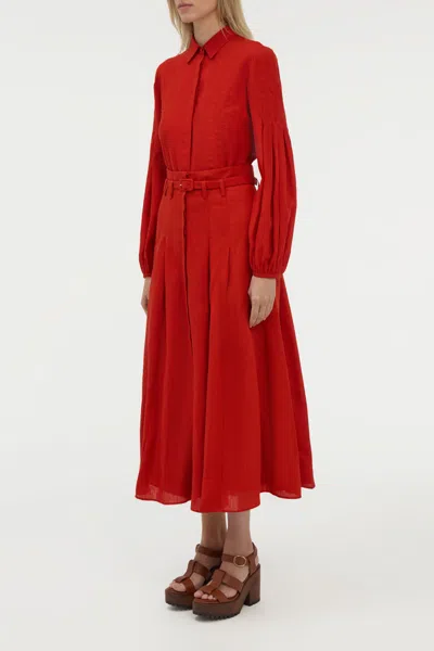 Gabriela Hearst Dugald Pleated Midi Skirt In Antelope Orange Aloe Linen In Red