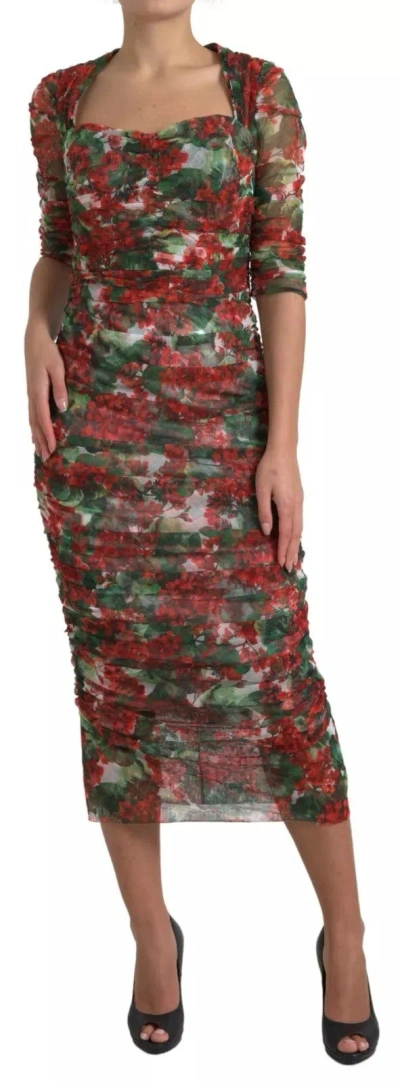 Pre-owned Dolce & Gabbana Red Floral Print Tulle Sheath Midi Women's Dress ()