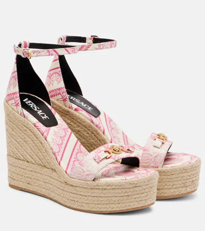 Versace Embellished Printed Leather Espadrille Wedge Sandals In Pink