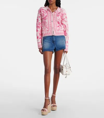 Versace Embellished Printed Leather Espadrille Wedge Sandals In Pink