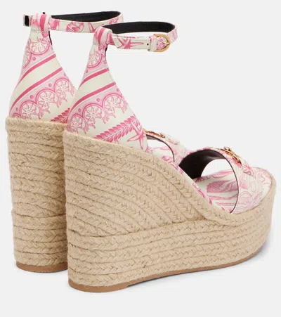 Versace Embellished Printed Leather Espadrille Wedge Sandals In Pink