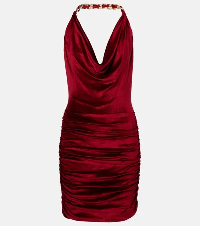 Balmain Chain Draped Velvet Minidress In Red