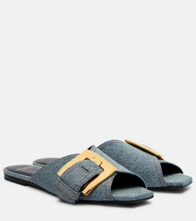 Balmain Anthem Cotton Denim Flat Sandals In Blue