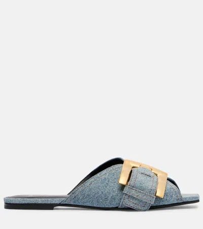 Balmain Anthem Cotton Denim Flat Sandals In Blue