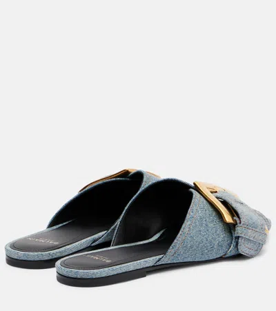 Balmain Anthem Cotton Denim Flat Sandals In Blue