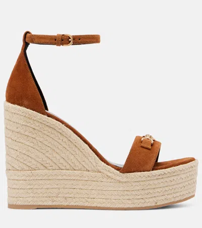 Versace Embellished Suede Espadrille Wedge Sandals In Brown