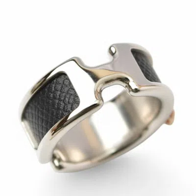 Pre-owned Hermes Black Silver Leather Metal Band Ring ()