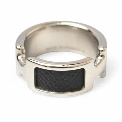 Pre-owned Hermes Black Silver Leather Metal Band Ring ()