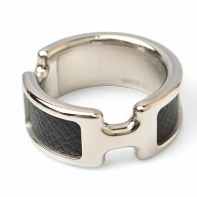 Pre-owned Hermes Black Silver Leather Metal Band Ring ()