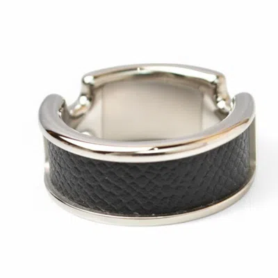 Pre-owned Hermes Black Silver Leather Metal Band Ring ()