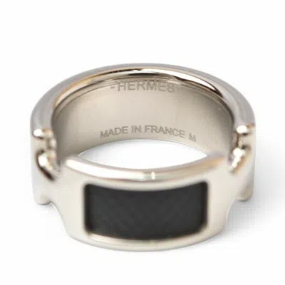 Pre-owned Hermes Black Silver Leather Metal Band Ring ()