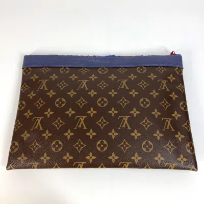 Pre-owned Louis Vuitton Blue Brown Red Color Monogram Canvas Clutch Bag Pochette Pouch ()