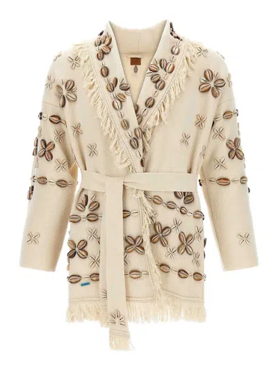 Alanui Ocean Dream Fringe Cardigan With Shell Embellishments In Neutral