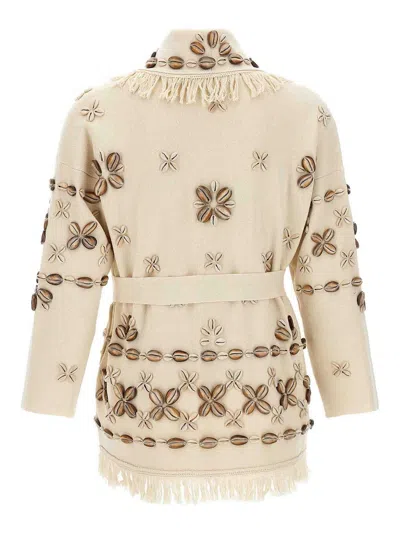 Alanui Ocean Dream Fringe Cardigan With Shell Embellishments In Neutral