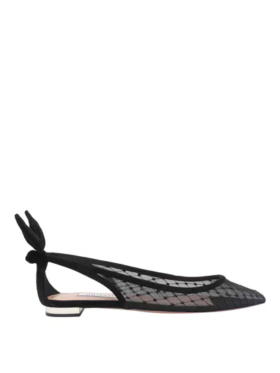 Aquazzura Black Mesh And Suede Ballerinas With Bow In Black
